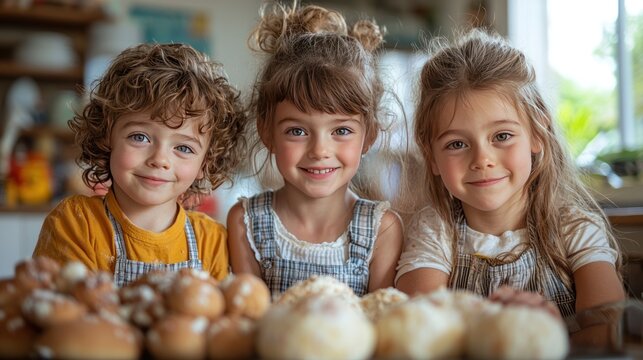Happy kids baking bread in kitchen