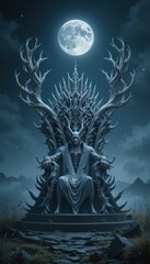 Majestic Dark Figure on Throne Under Full Moon in Fantasy Landscape