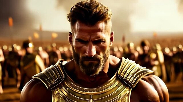 Epic Greek God Ares in Battle with Golden Armor