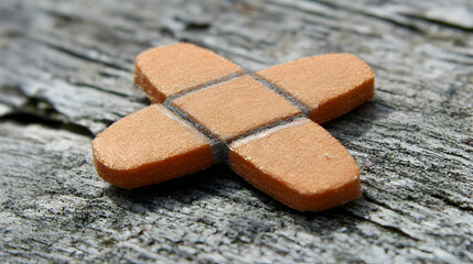Orange cross-shaped tile on weathered wood; rustic texture background; craft, design, or home decor image