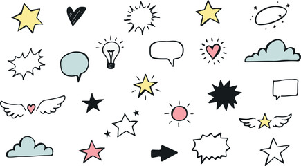 cute little design elements set of heart, stars, light bulb, speech bubbles.