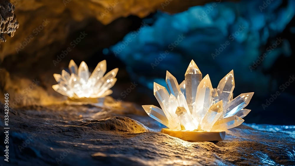 Poster glowing crystal formations in a cave, illuminated by soft light, creating a magical and serene atmos