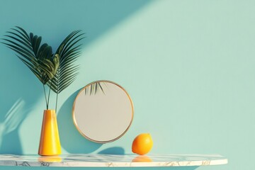 Calm Interior Still Life Palm Leaves Mirror and Lemon Decor