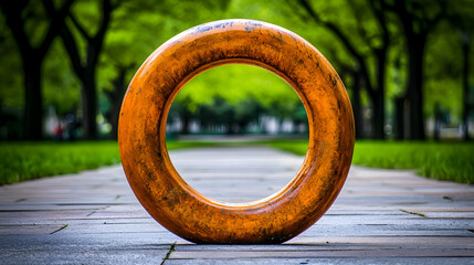 Park pathway framed by large wooden ring, green trees in background, peaceful scene, perfect for travel brochures or website banners