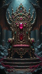Obraz premium Majestic Ornate Throne with Gemstone Accents in Dark Fantasy Setting