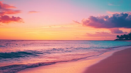 Obraz premium Tropical Beach Sunset with Silhouetted Palm Trees and Vibrant Pink Orange Sky - Serene Coastal Landscape for Relaxation and Travel Inspiration
