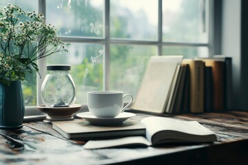 Enjoying Cozy Morning with Coffee and Books by Rainy Window