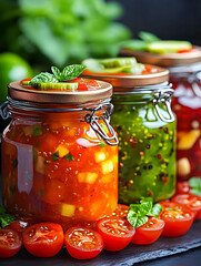 Three glass jars filled with colorful homemade preserves, garnished with fresh herbs and cherry tomatoes