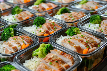 Colorful meal prep containers filled with grilled salmon, rice, and vegetables arranged in a kitchen setting