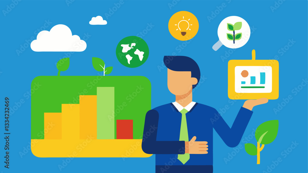 Poster environmental report an analyst presenting a detailed environmental impact report with icons represe
