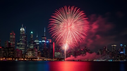 Long exposure of red, blue, and gold fireworks over a city skyline, a festive glow against a dark sky.