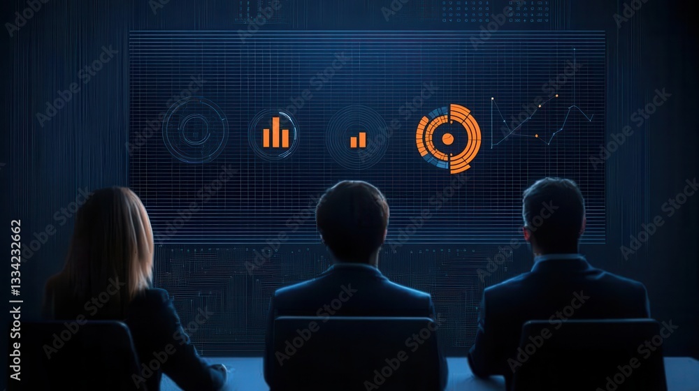 Poster A group of professionals observes digital data analytics displayed on a sleek interface, indicating insights and trends in a modern business setting.