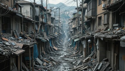 Fototapeta premium Abandoned Urban Street After Catastrophic Disaster and Ruins