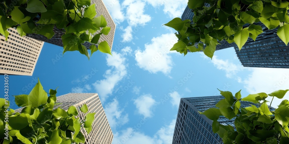 Poster a view from below showcasing tall buildings surrounded by green foliage under a bright blue sky with