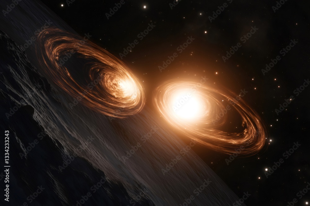Poster two stars orbiting each other in a binary system, casting light on the surface of a nearby rocky pla