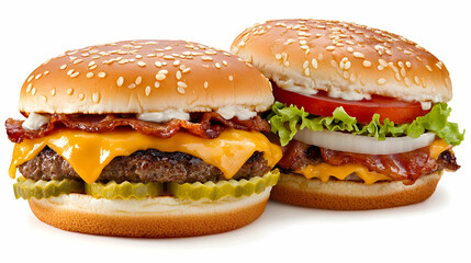 Two juicy cheeseburgers with bacon, lettuce, tomato, onion, and pickles