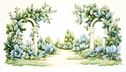 Two stone arches entwined with lush greenery and flowers, leading to a garden path