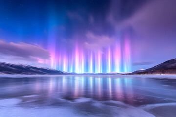 Vibrant aurora borealis reflected in a frozen lake, majestic mountains in background