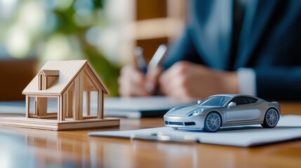 A wooden house model and a toy car are placed on a desk, with a blurred figure writing in the background, symbolizing real estate and automotive business.