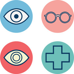 Obraz premium Four simple, colorful icons representing key aspects of eyesight care: an eye, eyeglasses, and a medical cross.