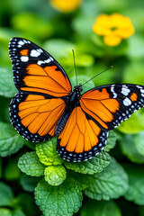 Fototapeta premium Vibrant orange butterfly perched on lush green foliage, near yellow flower