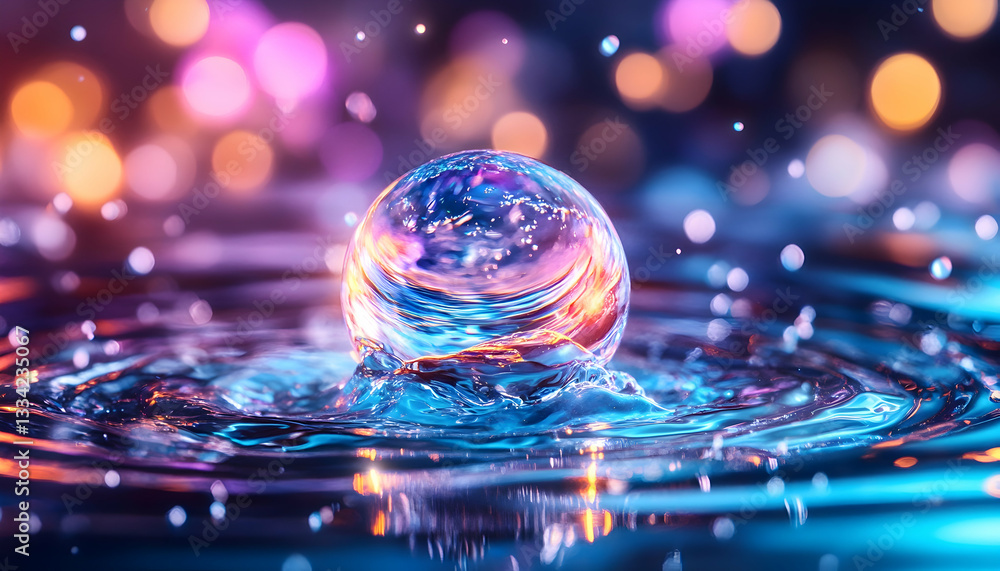 Aufkleber vibrant sphere resting on water, creating colorful ripples and bokeh background