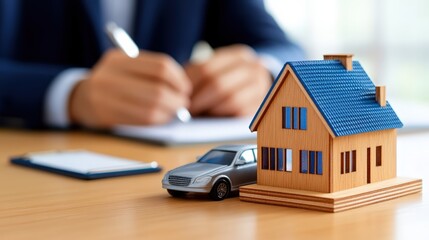 A miniature house and car on a desk, with a blurred figure writing notes, symbolizing real estate and finance.