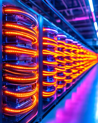 Obraz premium Vibrant server room with illuminated data center racks