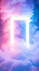  Bright White Neon Square Frame Emerging from Multicolor Soft, Puffy White Clouds of Glowing Mist. Copy space. Generative AI