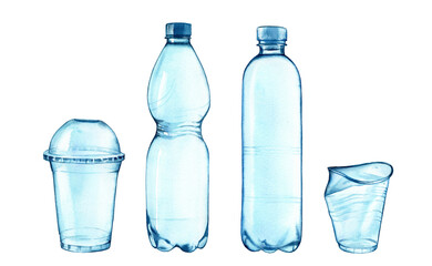 Watercolor plastic bottles and cups. Food illustration, isolated objects. Drinking bottles, smoothie cup composition for ecology posters, environment protection, save the ocean, Earth day