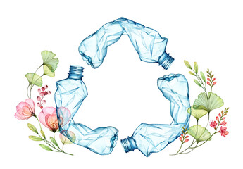 Watercolor Recycle sign. Round composition with plastic bottles and flowers. Reuse background. Recycle harmful waste for ecology posters, environment protection, save the ocean, Earth day banners