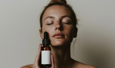 Woman with Freckles Applying Face Serum, Skincare Routine, Beauty Product