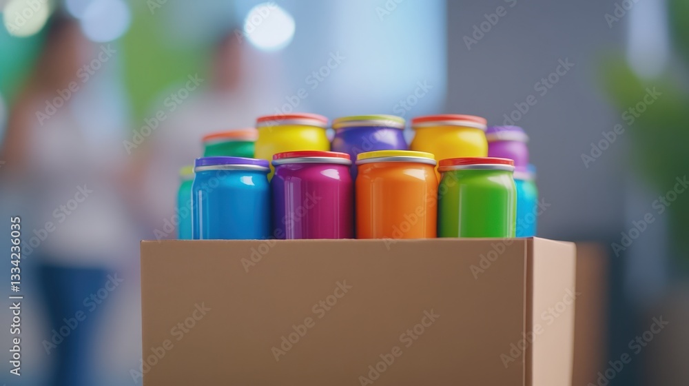 Poster a colorful display of jars in a box, set against a blurred background, showcasing vibrant lids in va