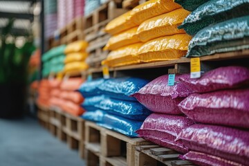 Colorful bags of soil and mulch arranged on wooden pallets in a garden supply store during daylight hours