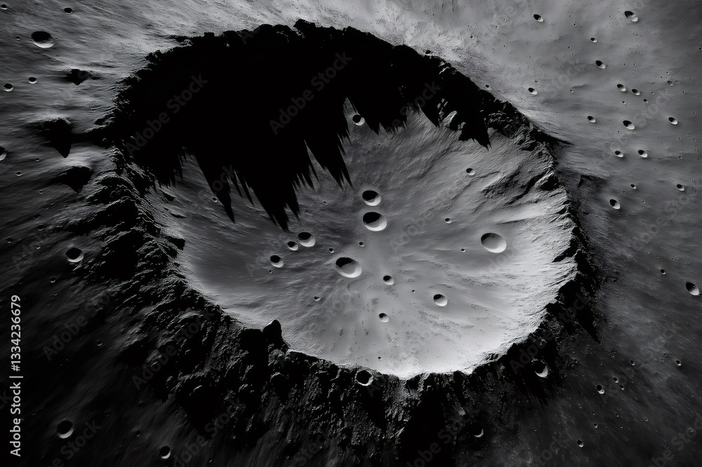 Aufkleber close up of a lunar crater with sharp ridges and smaller craters, creating a dramatic landscape unde