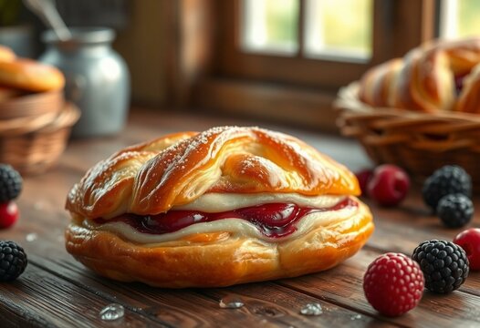 A golden brown Danish Pastry with a sweet fruit filling on a rustic wooden table