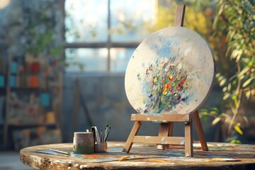 Painting on Canvas Stands in Bright Studio Full of Natural Light