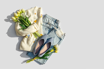 Fashion spring outfit. White jumper with bouquet of tulips flowers,  jeans and ballet shoes. Women's stylish and elegant clothes with accessory and jewelry. Fashionable look.