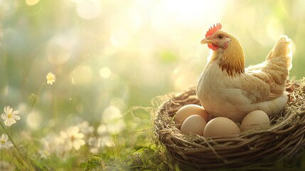 Fototapeta premium Free-range chicken sitting on eggs in nest outdoors. Organic farming and sustainable agriculture concept. Natural poultry production for fresh egg supply.