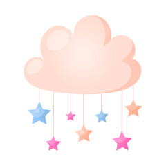 Cartoon fluffy pink cloud with hanging stars isolated on white background.

