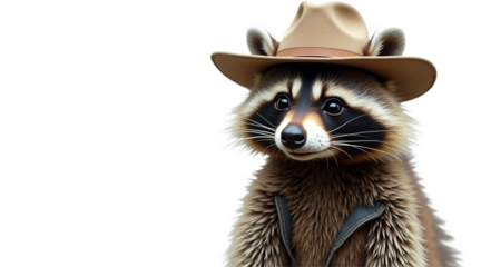 Funny cowboy raccoon in hat and costume, isolated on transparent background. Great for western, humor, animal themes, greeting cards, and social media content. Also available on white background.