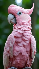 A beautiful pink bird with a distinctive feathered crest is shown