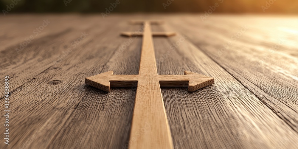 Poster a wooden arrow design on a textured surface, capturing a warm light, suggesting direction and naviga