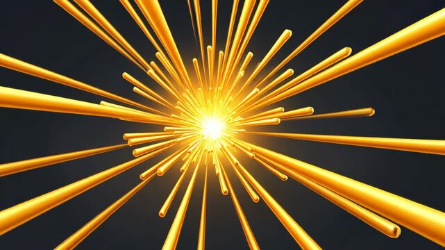 Dynamic Burst of Glowing Golden Rods Radiates from Central Point Against Dark Background, Creating Energetic Visual Effect and Abstract Design Evoking Sense of Light, Motion, and Energy Expansion
