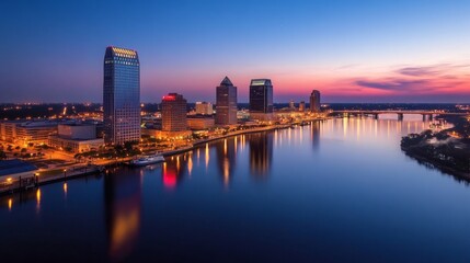 Fototapeta premium Cityscape view of skyscrapers and water at twilight hour