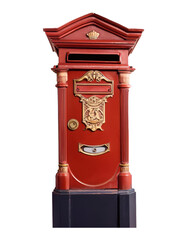 Luxury vintage post box. Classic european mailbox with red and gold accents. Isolated element object on transparent background.