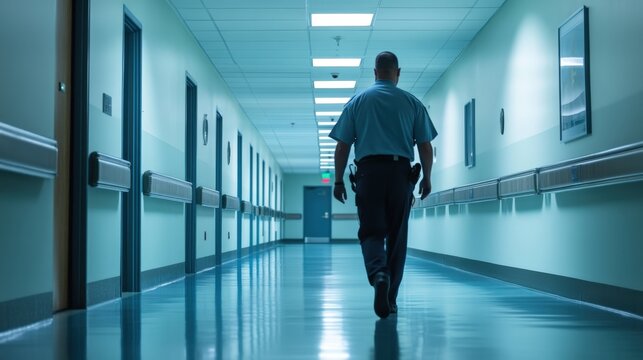 Security Guard Patrolling a Hospital Corridor with a Serious Demeanor