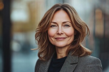 Fototapeta premium Confident businesswoman poses outdoors in urban setting during bright day