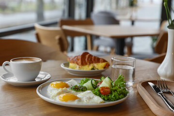 Delicious breakfast served on wooden table in cafe