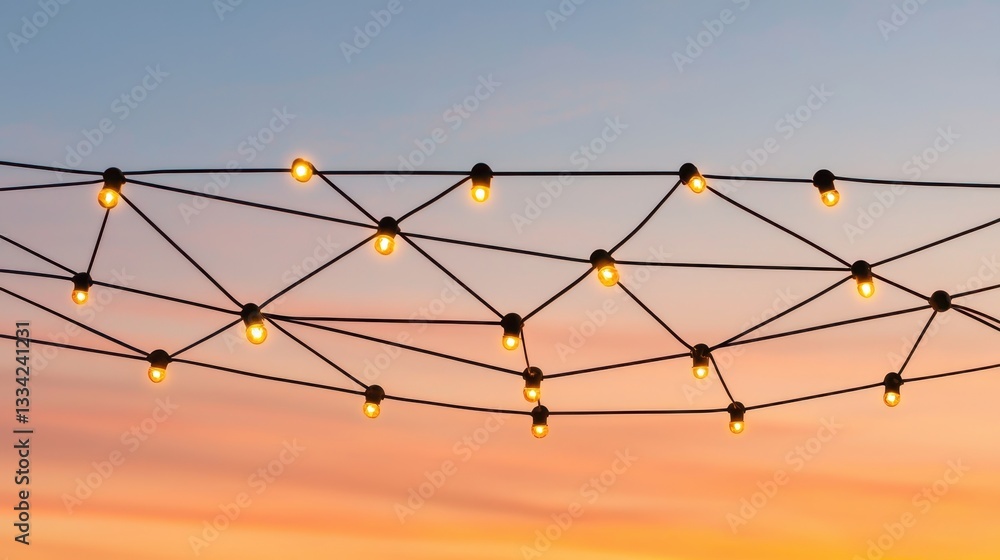 Poster a network of glowing lights against a colorful sunset sky, creating a warm and inviting atmosphere.